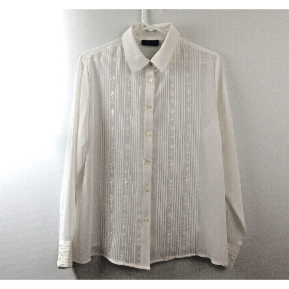 Karen Scott Petites Blouse Womens PL White Pintucks Embroidered Flowers Long Sl